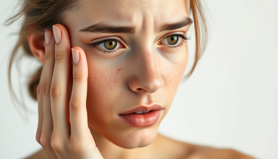 Concerned young woman with acne, photorealistic focus on skin detail.