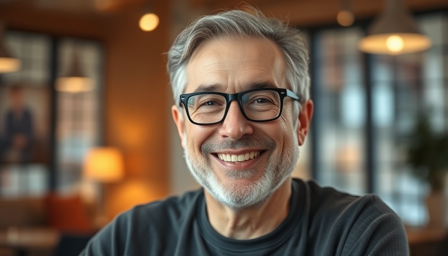 Middle-aged man smiling indoors, non-surgical nose job context.