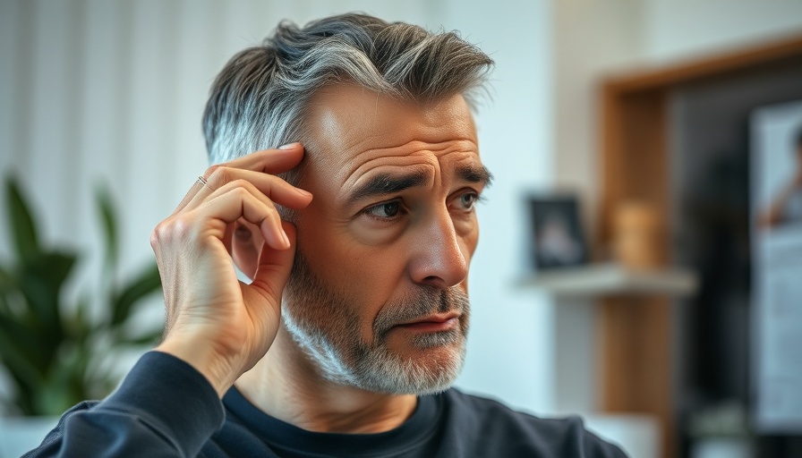 Mature man checking hairline, microneedling for hair loss concept.