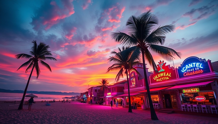 Vibrant neon-lit coastal scene with palm trees at sunset.