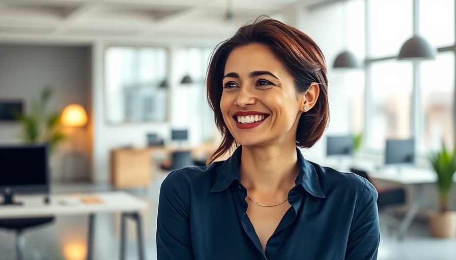 Content woman in modern office discussing aesthetic treatments.