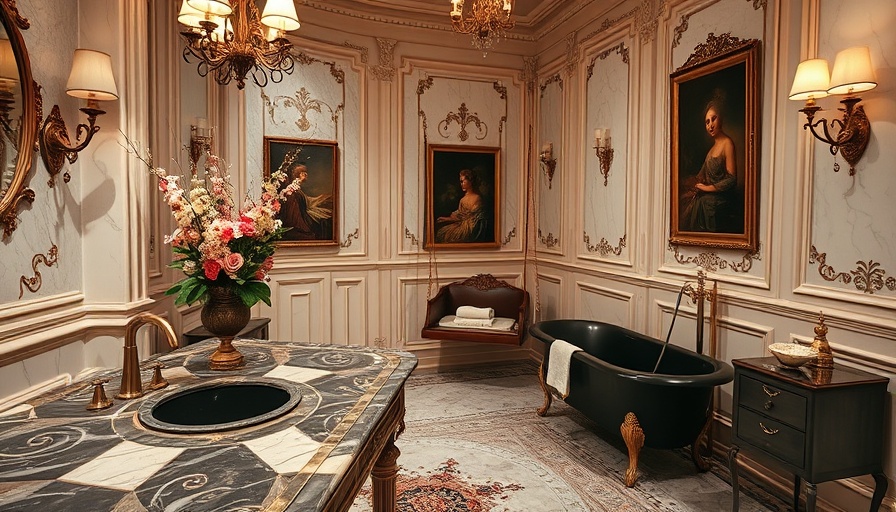 Opulent bathroom with marble countertop and floral decor