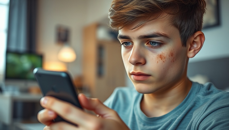 Teenage boy with acne using smartphone in bedroom, SEO keyword: Acne and TikTok.