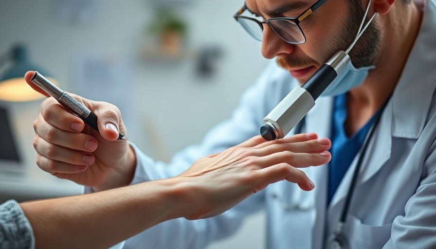 Dermatologist examining patient hand for non-invasive treatments.