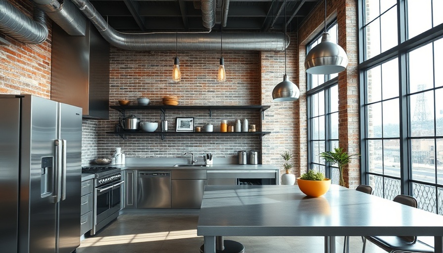 Sleek modern kitchen showcasing industrial design features with brick walls.