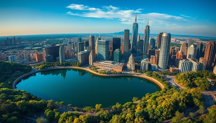 Aerial view of cityscape with lake and buildings, AAD meeting location.