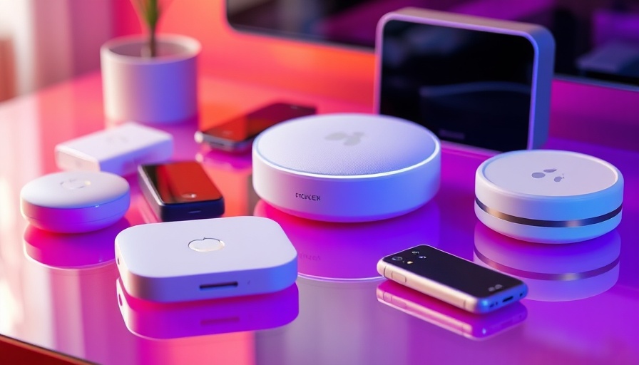 Assorted modern smart home devices on a colorful surface.