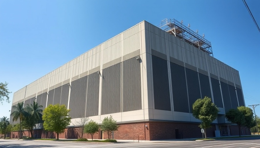 Industrial warehouse exterior under clear blue sky