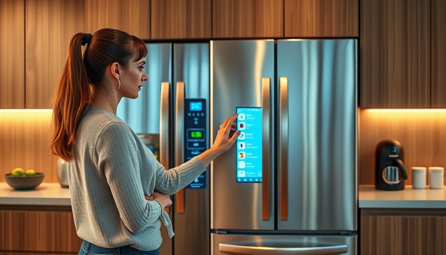 Woman using smart refrigerator in modern kitchen.