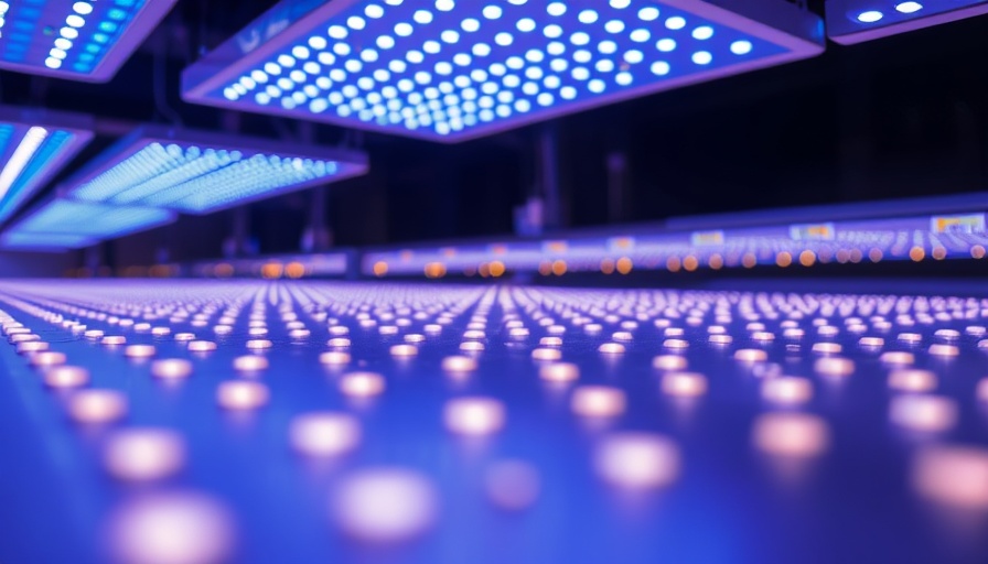 LED grow lights reflecting bluish glow in indoor setting.