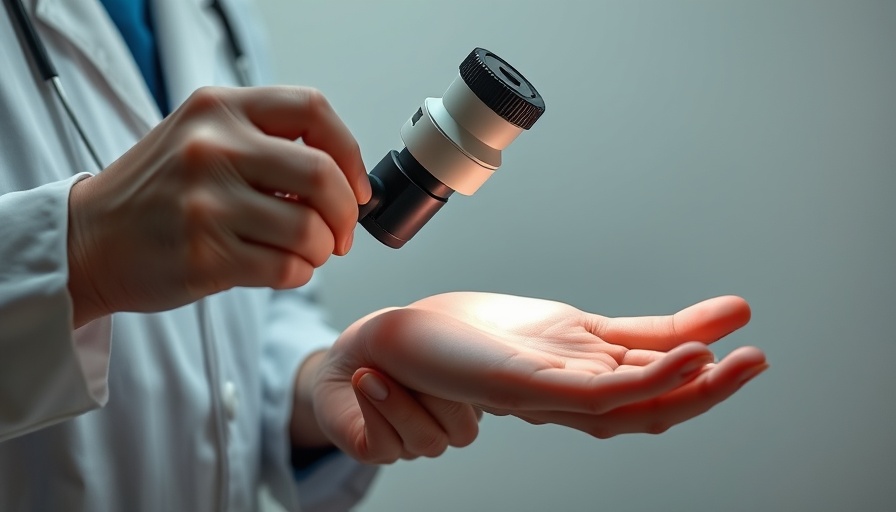 Dermatologist with dermatoscope examining hand, psoriasis treatment innovations.