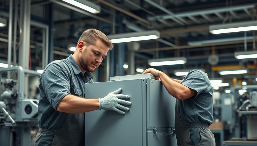 Factory workers assembling appliance in industrial facility.