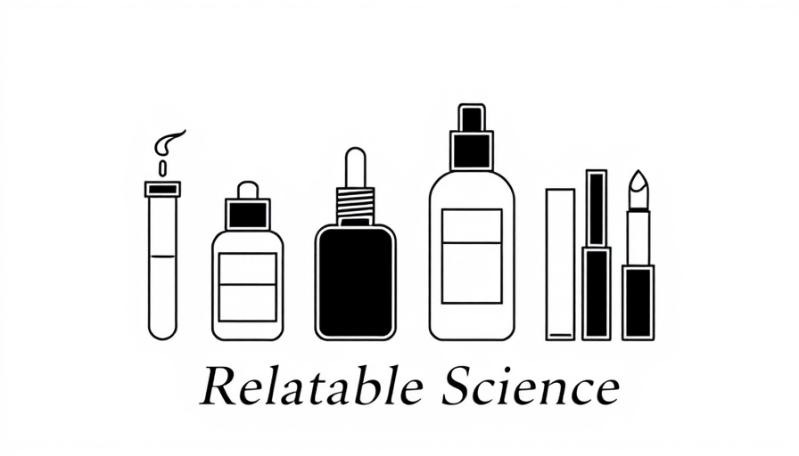 Minimalistic line art with skincare products and 'Relatable Science' text.