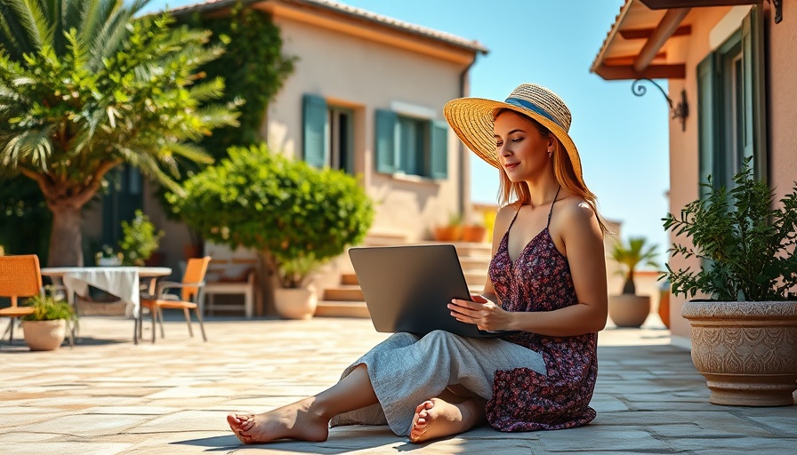 Young woman using laptop on sunlit terrace, focusing on Airbnb safety tips