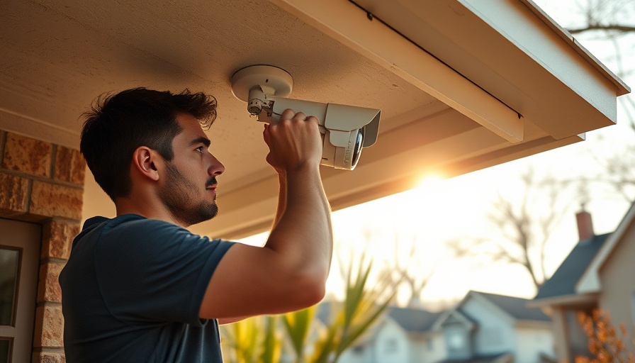 Man installing security camera under roof edge at home.