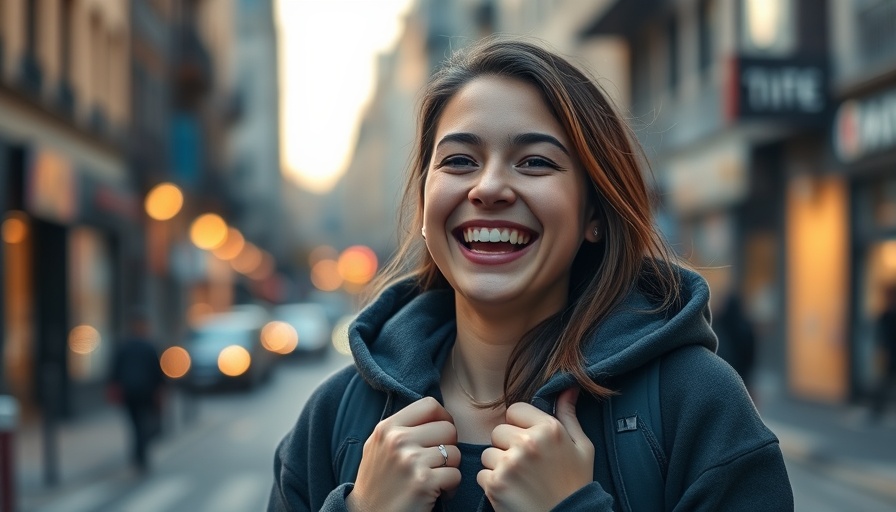 Joyful woman on a city street during a Fly-In Procedure at Rivkin Aesthetics.