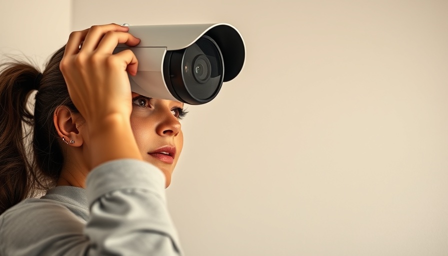 Woman setting up a home security camera with care.