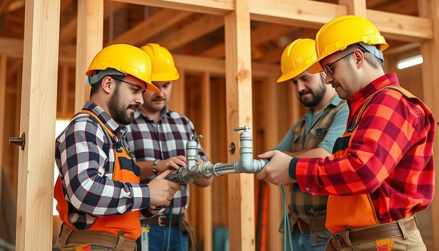 Construction workers installing plumbing fixtures on a wooden frame