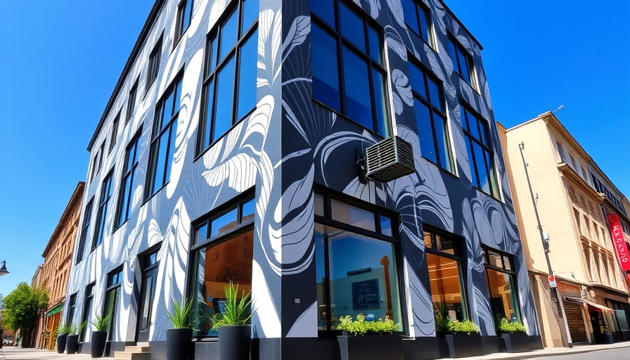Modern building with black and white mural under clear sky.