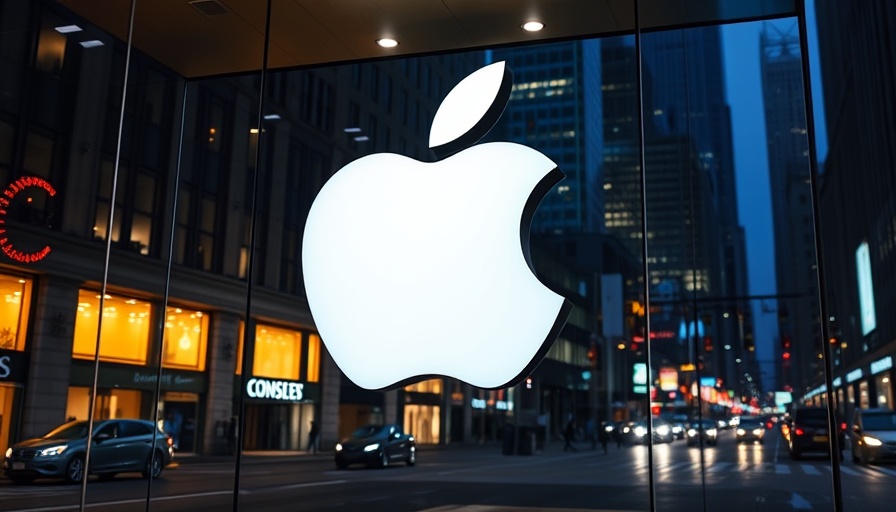 Apple logo on storefront, city lights reflection, Apple AI smart home devices.