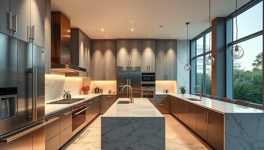 Modern luxury kitchen design with high-end appliances and marble countertops.