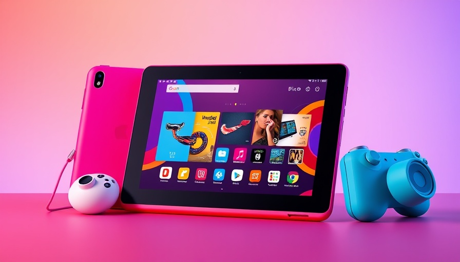 Amazon Fire HD 10 tablet and modern tech on colorful background, Amazon Fire HD 10 tablet Deals.