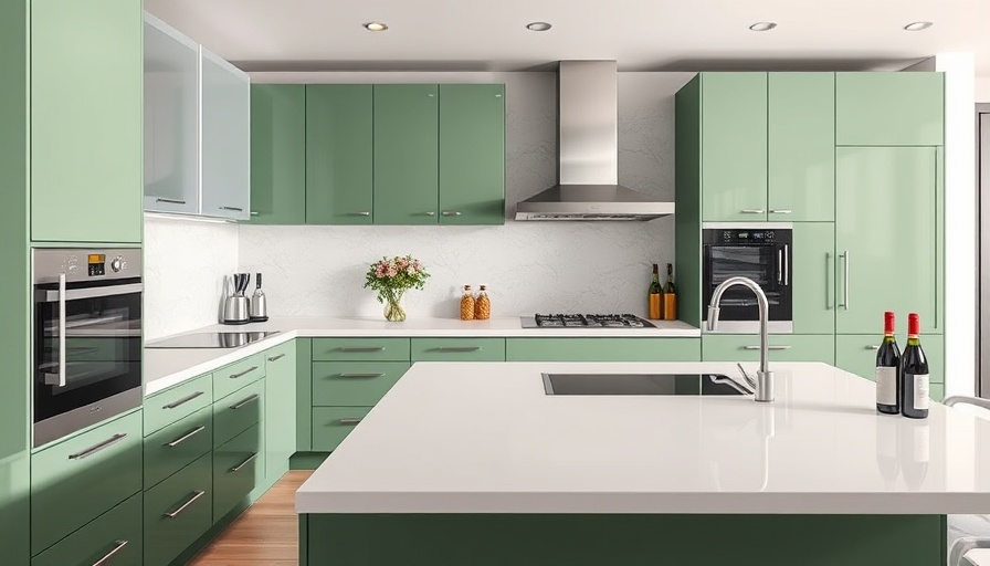 Elegant kitchen with modern green cabinets and decor.