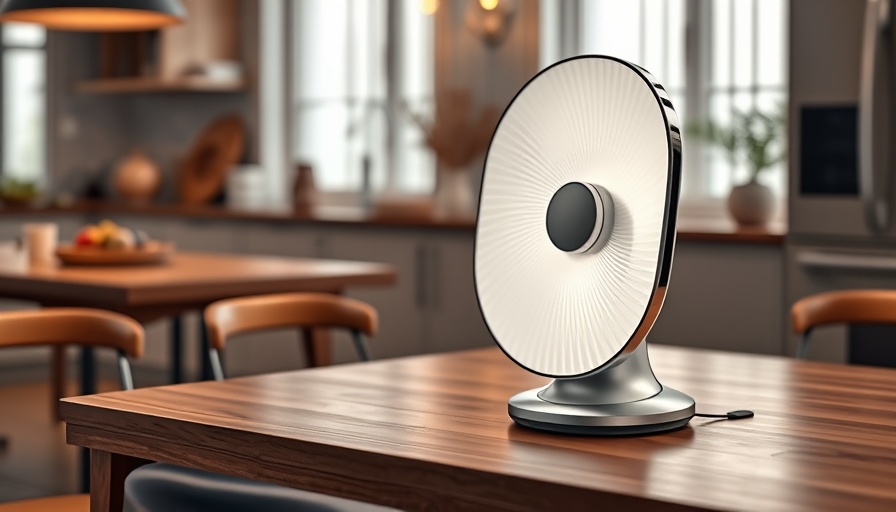 Modern wireless smart fan on kitchen table, highlighting luxury.