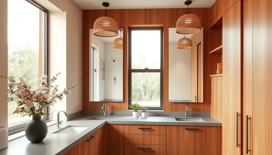 Modern bathroom renovation with wood cabinets and decor.