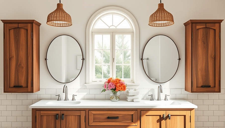 Upscale bathroom with dual sinks and wooden vanity, bright light