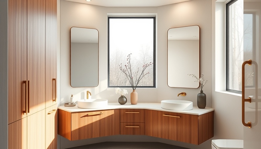 Modern bathroom inspiration with dual sinks and wooden cabinets.