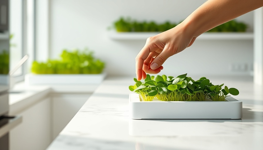 Smart indoor garden with microgreens being harvested on a marble surface.