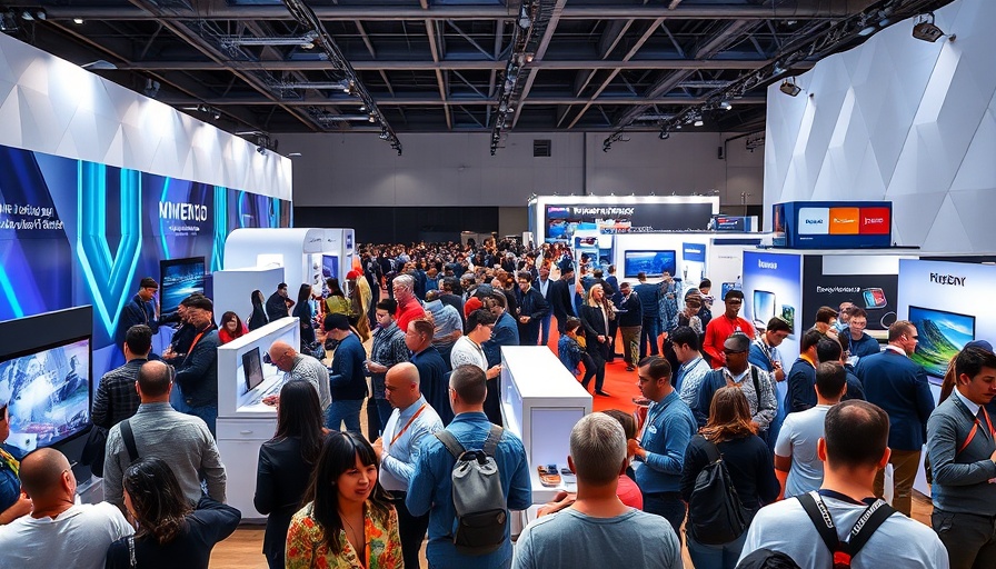 Expo attendees, modern tech exhibits, geometric wall, ambient lighting.