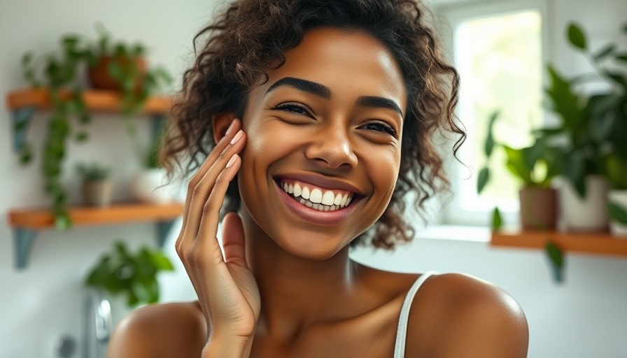Cheerful young woman in bright bathroom touching face, smiling.