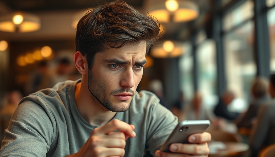 Young man, frustrated with smartphone, in cafe.