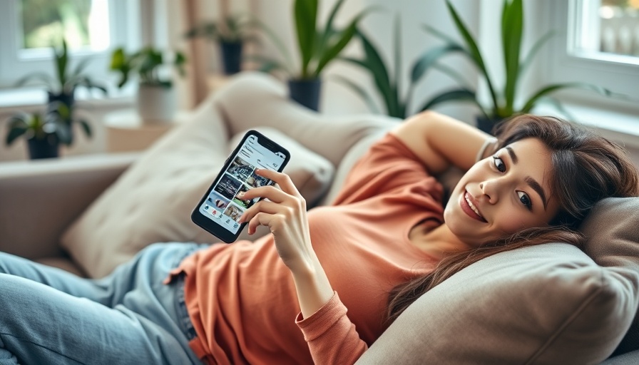 Young woman using smart home app on sofa, cozy living room.
