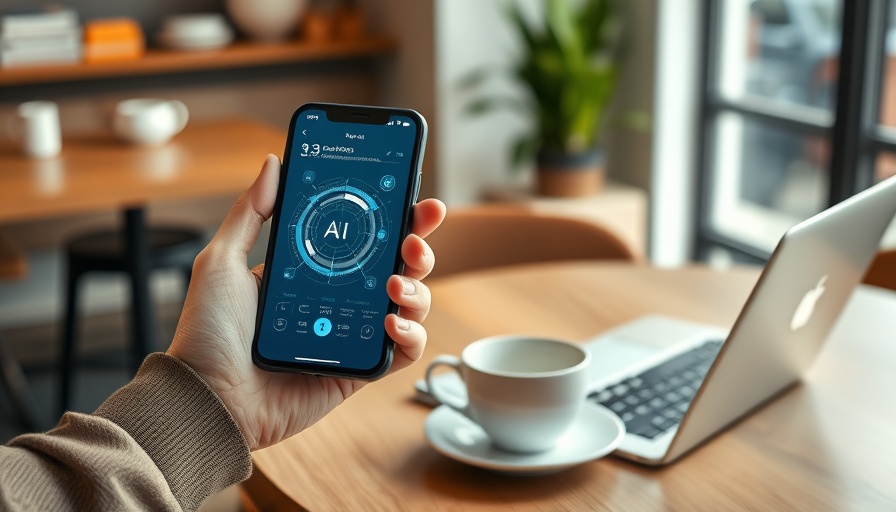 AI interface on smartphone next to laptop and coffee.