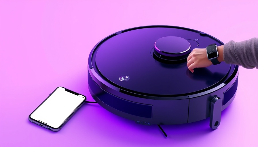 Sleek robotic vacuum cleaner next to smartphone and smartwatch on purple background