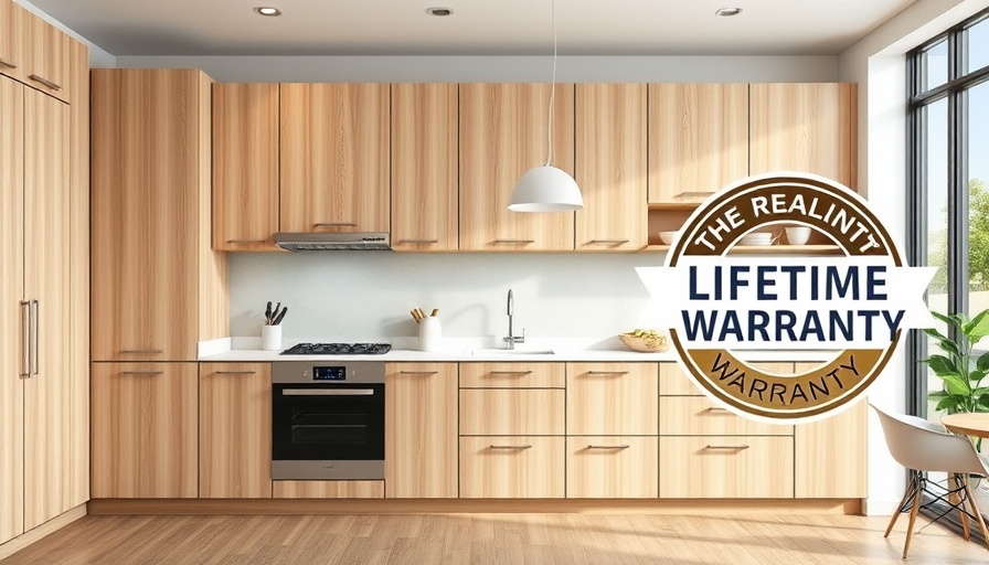 Modern kitchen with Lifetime Warranty badge overlay for kitchen cabinets.