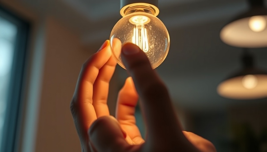 Hand touching glowing LED bulb, soft ambient lighting.
