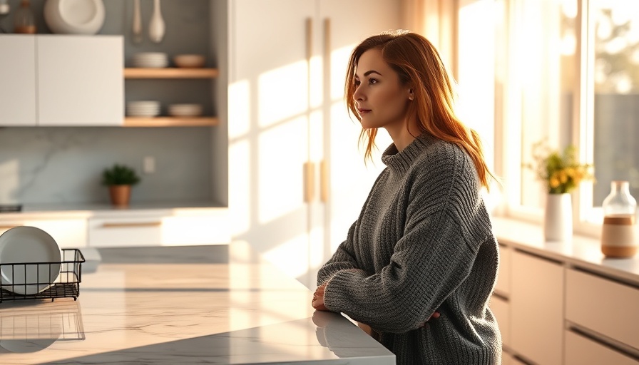 Luxury kitchen design with thoughtful woman at counter