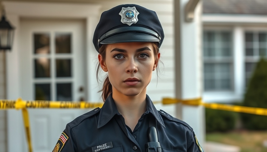 Determined female officer at a crime scene questioning security video access.