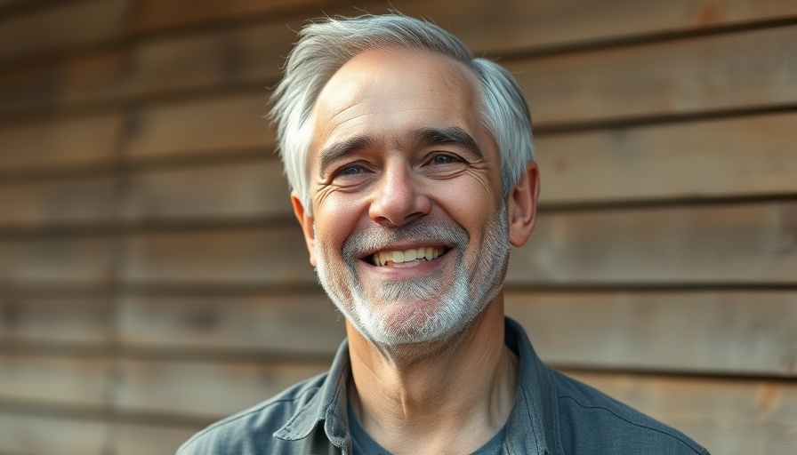 Smiling man in blue shirt outdoors, wooden siding behind.