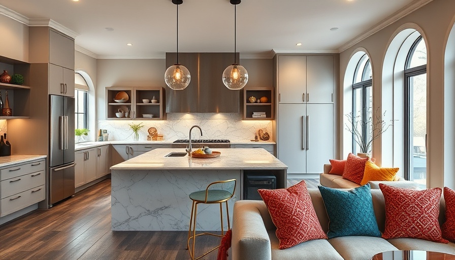 Elegantly designed luxury kitchen with modern elements, featuring marble, pendant lighting, and colorful decor.