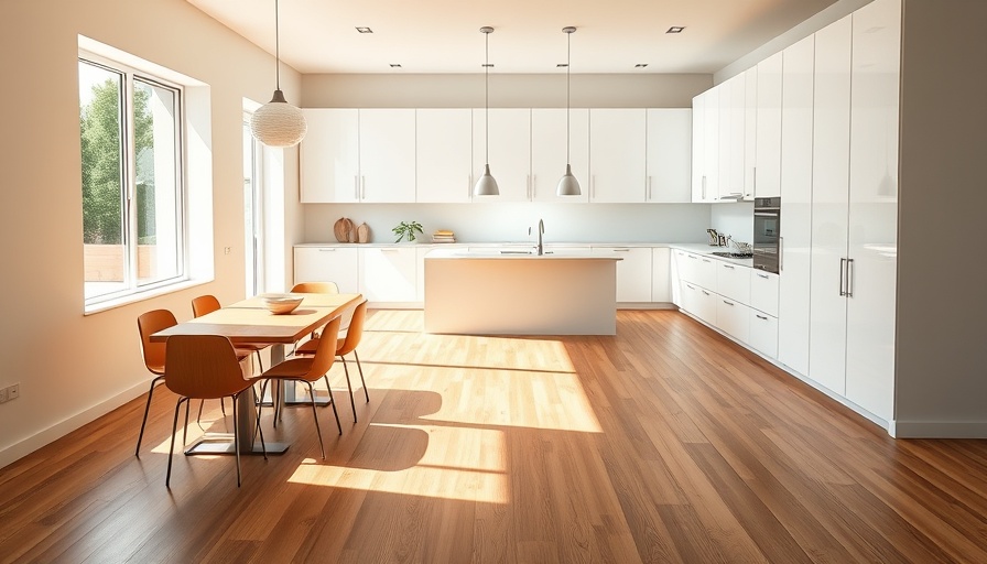Modern luxury kitchen design with white cabinets and wood flooring.