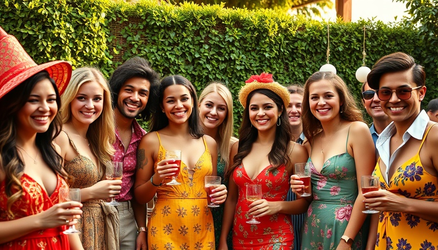 Vibrant group at outdoor party, lively atmosphere.