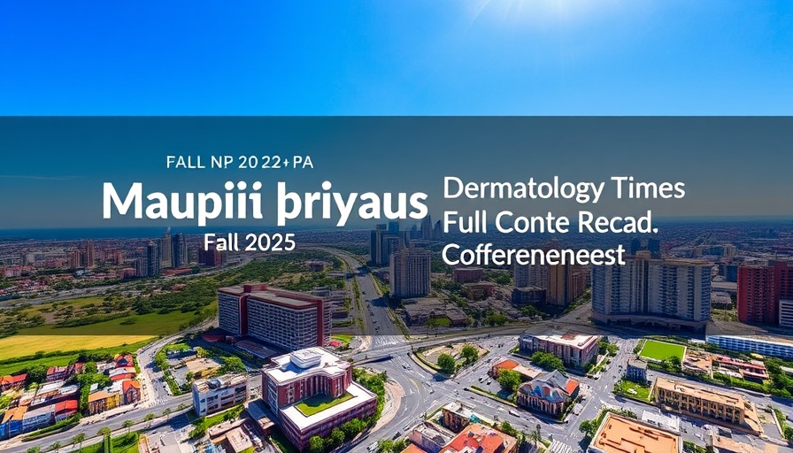 Maui Derm conference banner over cityscape for non-invasive treatments.