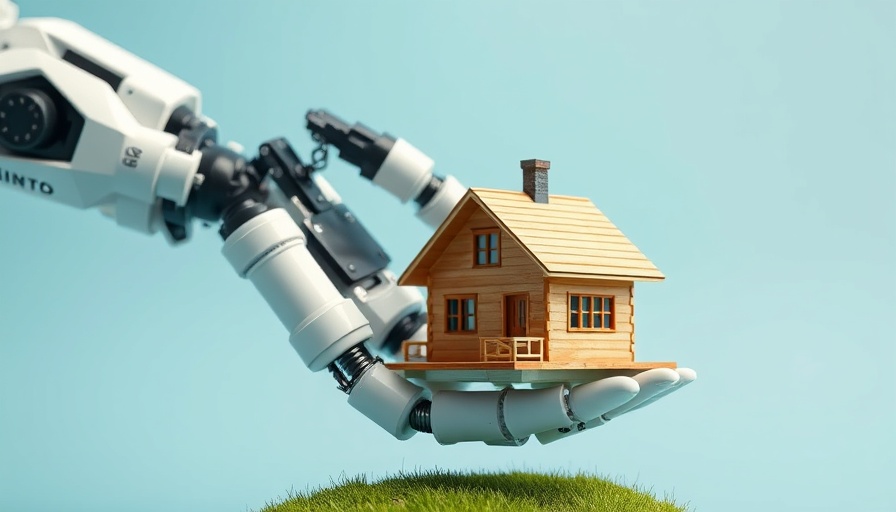 Futuristic robotic hand with miniature house symbolizing AI features for smart home kitchens.
