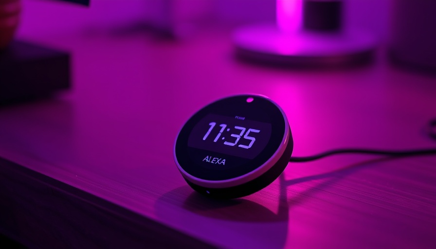 Round Alexa device displaying time with purple lighting.