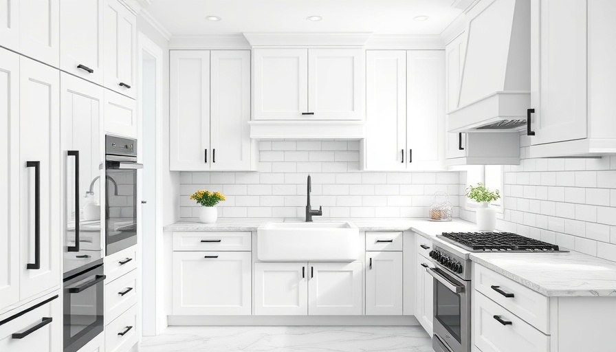 Modern luxury kitchen design with white cabinets and black accents.